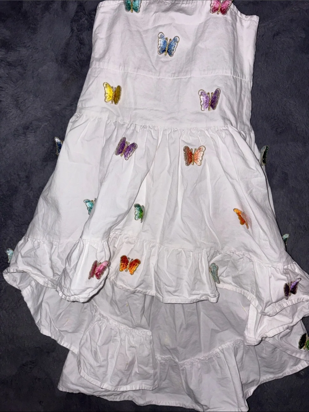 Lola + The Boys White Tiered Dress with Multicolor Butterfly Accents